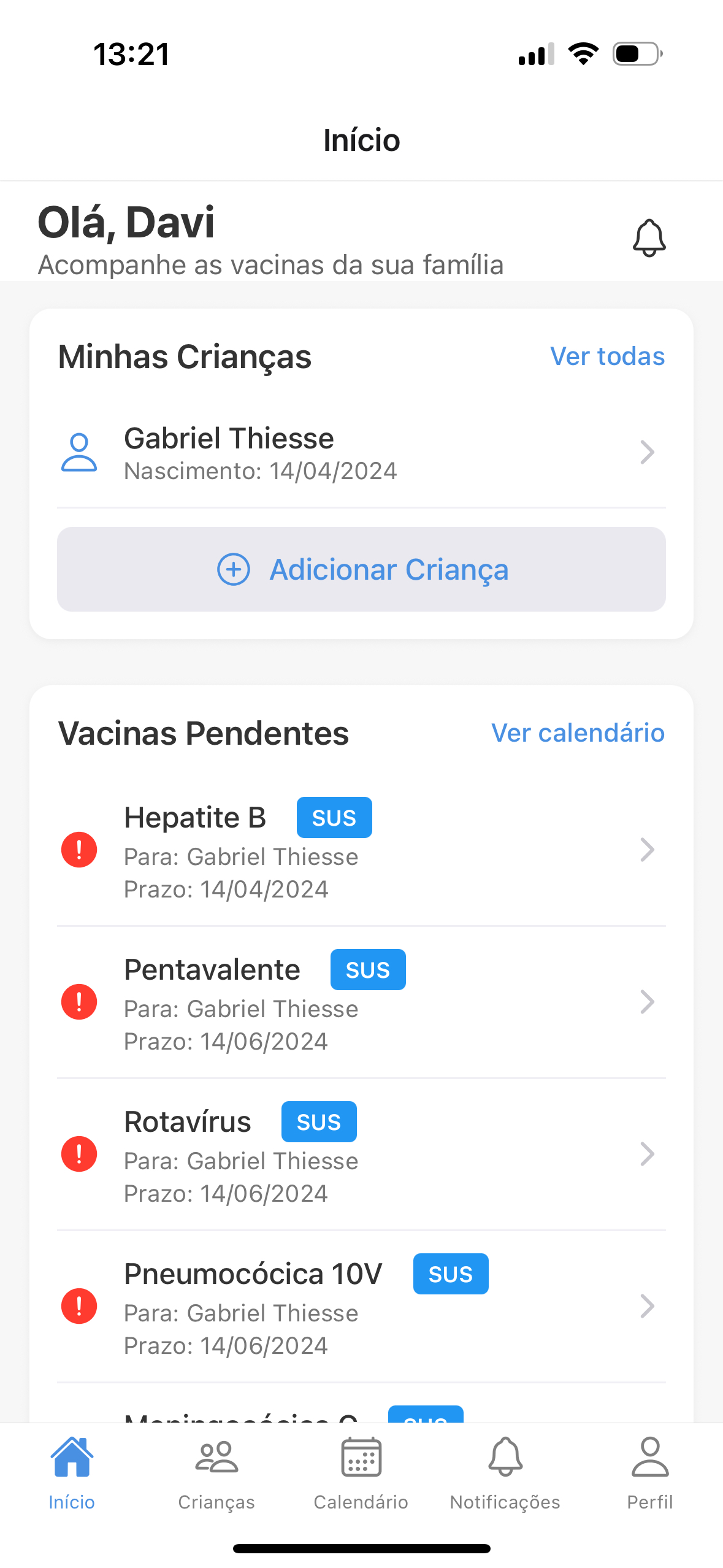 VacinApp Tela Inicial - Acompanhamento de Vacinas